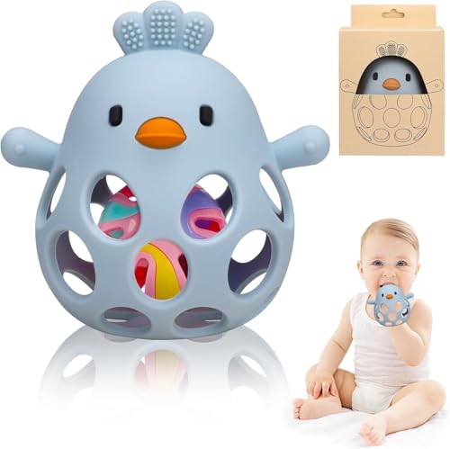 Image of Baby Teething Chick Toy, Upgraded Easy Grasp Silicone Teething Rattle Ball Toy for Babies Over 3 Months, 100% Food Grade, Gift for Infant Boys and Girls 0-6-12 Months (Blue)