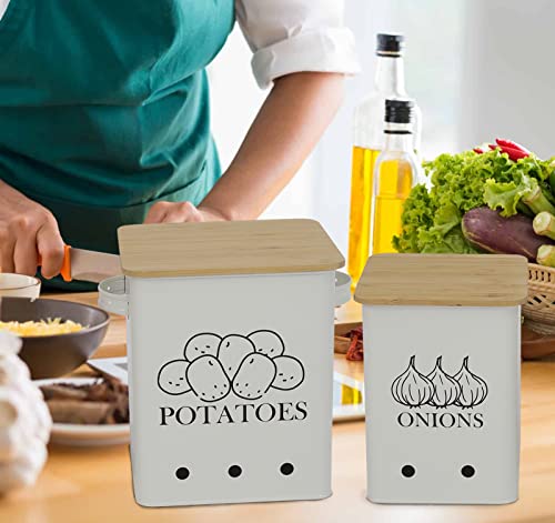 Image of Kitchen Vegetable Storage Tins Set of 2 for Potatoes, Onion, with wooden lid Garlic Bin Caddy, Long Shelf Life-white