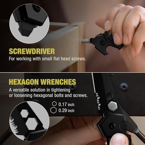 Image of Mini Keychain Knife with Carabiner - 1.3 inch Tanto Serrated Blade - 6 in 1 Black Multitool - Bottle Opener Box Cutter Liner Lock - EDC Gadgets - Legal Folding Small Pocket Knives for Men Women 2248 MB