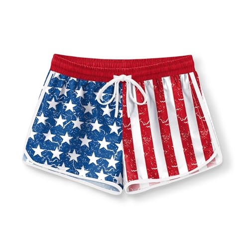 Image of BesserBay Girls 4th of July Elastic Waist Beach Swim Shorts American Flag Trunks with Pockets 5-14 Years