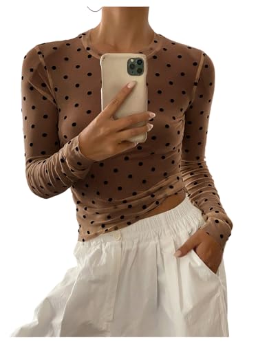 SHENHE Women's Polka Dots Sheer Mesh T Shirt Round Neck Slim