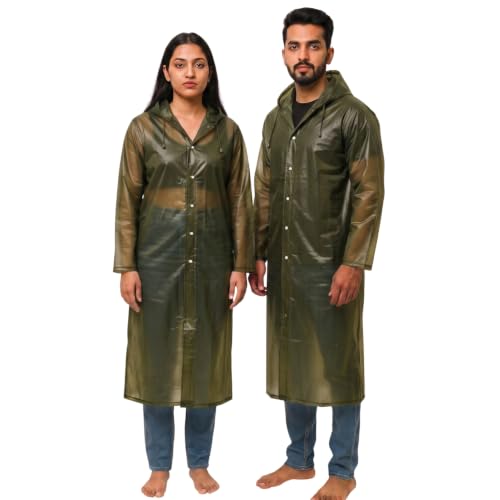 Image of ORILEY EVA Waterproof Raincoat for Men & Women with Hood Reusable Lightweight Rain Poncho Full Sleeves Rain Coat with Button Closure Outdoor Rainwear for Camping Hiking & Travelling (Free Size, Green)