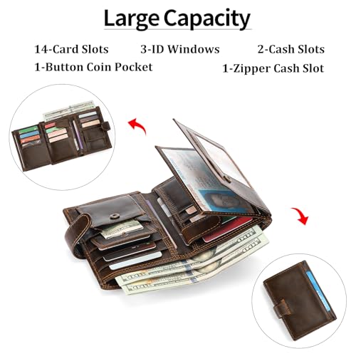 GAEKEAO Mens Wallet Large Capacity Genuine Leather RFID Blocking Bifold Wallets for Men with Coin Pocket 3 ID Windows3