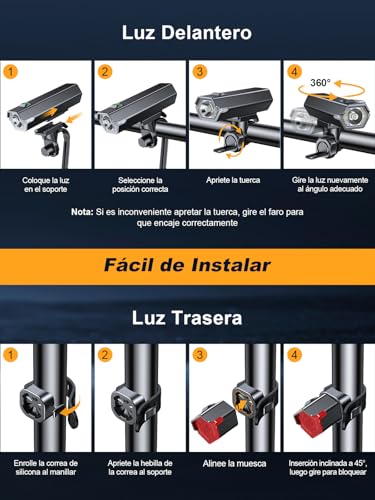 Glangeh Luces Bicicleta Delantera y Trasera Recargables Súper Brillantes, 4+6 Modos Luz Bicicleta Delantera LED,Luces Laterales, IP65 Impermeable- Accesorios Iluminación Bicicleta para Día/Noche Niños - imagen 7
