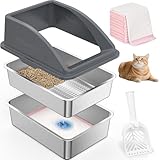 AIPERRO Stainless Steel Litter Box for Pine Pellet Cat Non Clumping Litter System | XXL Sifting Cat Box with Lid for Big Cats | High Sided, Anti-Urine Leakage | Non-Stick Bottom
