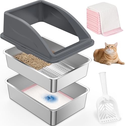 AIPERRO Stainless Steel Litter Box for Pine Pellet Cat Non Clumping Litter System | XXL Sifting Cat Box with Lid for Big Cats | High Sided, Anti-Urine Leakage | Non-Stick Bottom