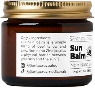 Santa Cruz Paleo, Beef Tallow Sun Balm with Non-Nano Zinc Oxide, Sunscreen Free, Unscented, Natural Mineral Sun Protection for Face & Body, Acne Safe, Moisturizer, Non Comedogenic, Organic Balm, 2 Oz
