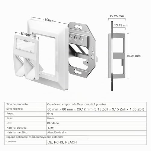 Miniatura 8 de Leenue 1 Toma De Red Cat 7 De 2 Puertos Empotrada 2 Módulos Keystone Rj45 Cat 7, Enchufe Lan Ethernet Hembra 10 Gbps, Color Blanco