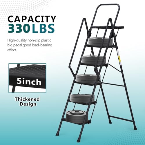 Escalera plegable de 5 escalones resistente de 174 cm negra para taller y hogar 7