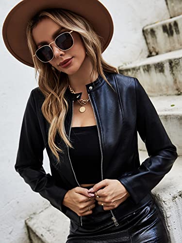 MakeMeChic Women's Faux Leather Stand Collar Jacket #TOP29