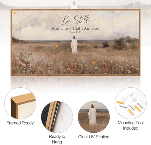 CHDITB Be Still And Know That I Am God Psalm 46:10 Wall Art(40"x20"), Jesus Christian Bible Verse Scripture Canvas Artwork, Large Wildflowers Meadow Landscape Decor for Home Dining Room Christ Gift