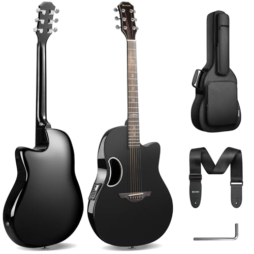 CAHAYA Acoustic Electric Guitar Kit - 41” Carbon Fiber Adult Beginner Set with Bag and Strap Built-In Pickup Rich Resonance & Warm Tone for Performance Ready, High-Gloss Black Finish