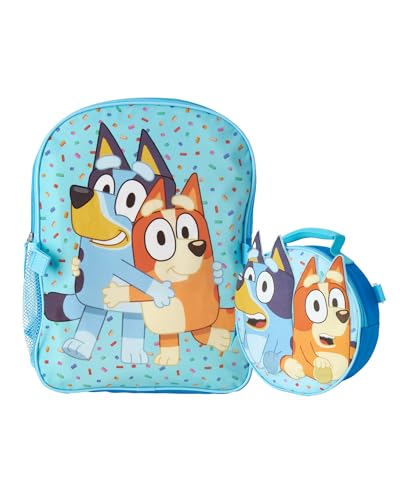 Fast Forward Bluey Kids Backpack and Lunch Box Set - 14\" 3D Boys & Girls Backpack with Lunch Box for Preschool & Kindergarten, Bluey Light Blue