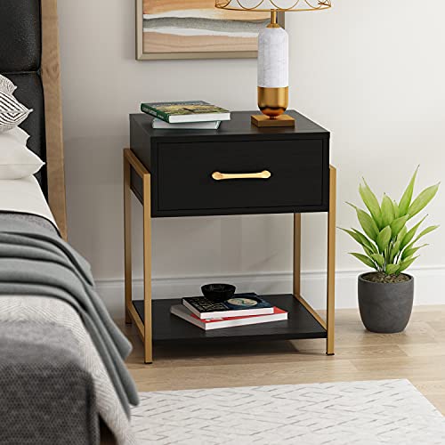 Homsee Bedroom Nightstands With Metal Leg, 1 Drawer And 1 Open Shelf Side Table End Table For Bedroom, Living Room (Black - Set Of 2) #TOP2