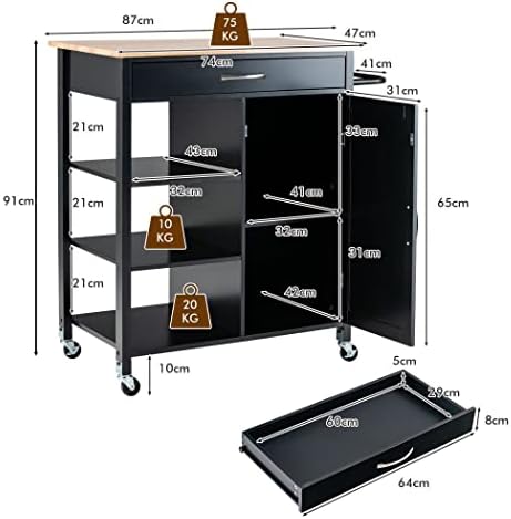 COSTWAY Kitchen Island on Wheels, Mobile Storage Trolley with 3-Tier Open Shelf, Deep Drawer and Single Door Cabinet, Woden Serving Utility Cart Organiser for Dining Room Bar Restaurant (Black)