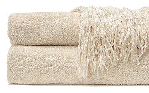 Chanasya Chenille Fringe Throw Blanket - Velvet Soft Throw Blanket With Shimmer And Tassels - 50" X 65” - Cream #TOP6