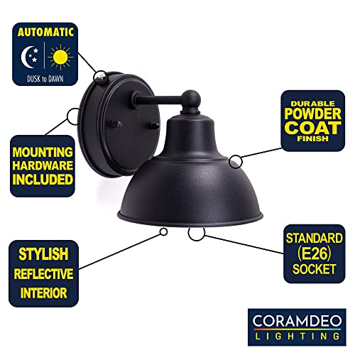 Coramdeo Oakhouse Dusk To Dawn 6” Barn Light, Outdoor Farmhouse Porch Wall Fixture In Black Finish & White Reflective Interior, Photocell Sensor Activates Fixture Automatically, Wet Location #TOP1