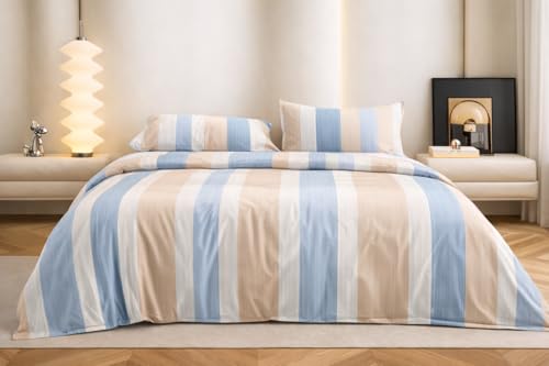 Image of Super King Size Bedsheet | Cotton Flat Sheet Skin Friendly with Two Pillow Covers| 300 TC | Super Soft Bed Sheet for Double Bed | Floral Design (272 x 272 cm, Sky Blue Sand Stripe)