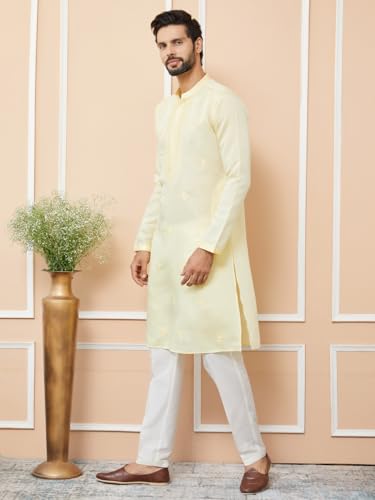 Image of See Designs Men's Long Sleeve Mandarin Collar Side Slit Off-White Embroidered Chanderi Silk Straight Kurta