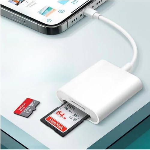 Dual slot SD card reader for i-Phone i-Pad,2-in-1 memory card reader adapter,supports SD and TF cards,track camera viewer,game SD card adapter, suitable for iPhone 14/13/12/11/X/XS/XR/8/7，No Need App