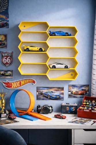 Image of 10-Car Hexagon Wall Rack Compatible with Hot Wheels Stand & 1:64 Die-Cast Cars | Stackable Wall Display Organizer with Side Guards & Screw Slot|Home & Office Decor (NO CAR INCLUDED)(Yellow)