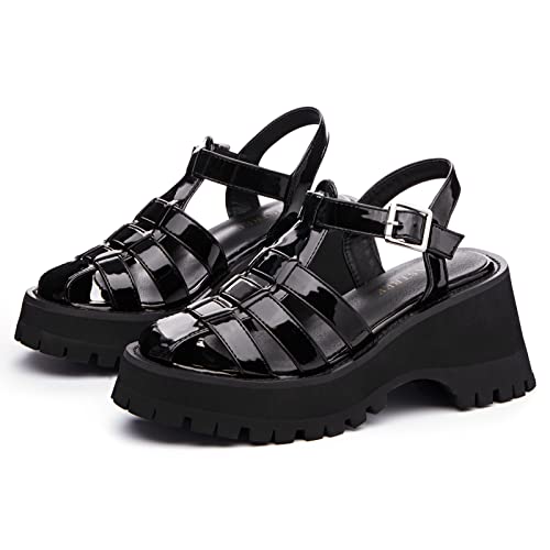 Tinstree Platform Sandals Y2K, Platform Sandals For Women Sandal Chunky T Strap Gladiator Wedge Heels Closed Toe Strappy Outdoor Shoes Black,07 #TOP4