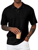 JMIERR Men's Shirts Textured Polo Shirt Lightweight Short Sleeve Casual Fashion Vintage T Shirts Button Down Knit Golf Clothes, L, Black