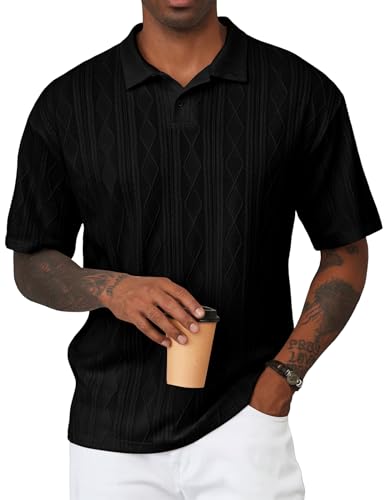 JMIERR Men's Shirts Textured Polo Shirt Lightweight Short Sleeve Casual Fashion Vintage T Shirts Button Down Knit Golf Clothes, L, Black