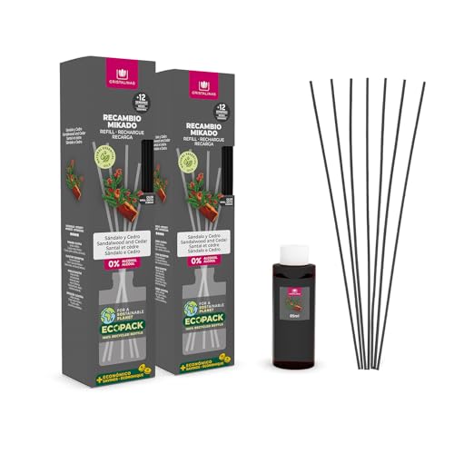 CRISTALINAS | Pack 2 Recambio Ambientador Hogar Mikado + Cañas | Aroma Sándalo y Cedro | Sensual | Ideal para casa y oficina | 100% Puro | Larga Duración 12 Semanas | 2x85ml | 0% Alcohol