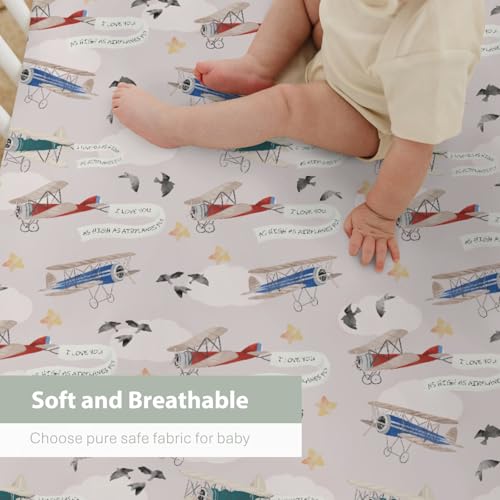 Image of Vintage Planes Birds Sky Baby Crib Sheets for Boy Girl 28 inchx52 inch Retro Flying Airplanes Soft Stretchy Fitted Crib Mattress Covers Aircraft Travel Baby Sheets for Standard Crib & Toddler Mattress Pad