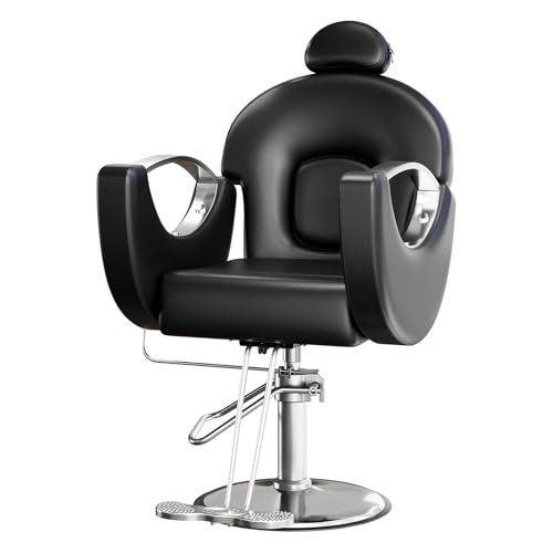 Reclining Salon Chair with Foot Rest, Barber Chair with Heavy Duty Height Adjustable Hydraulic Pump and 360 Degree Swivel, Styling Braiding Hairdresser Chair for Home Barbershop- Black & Silver