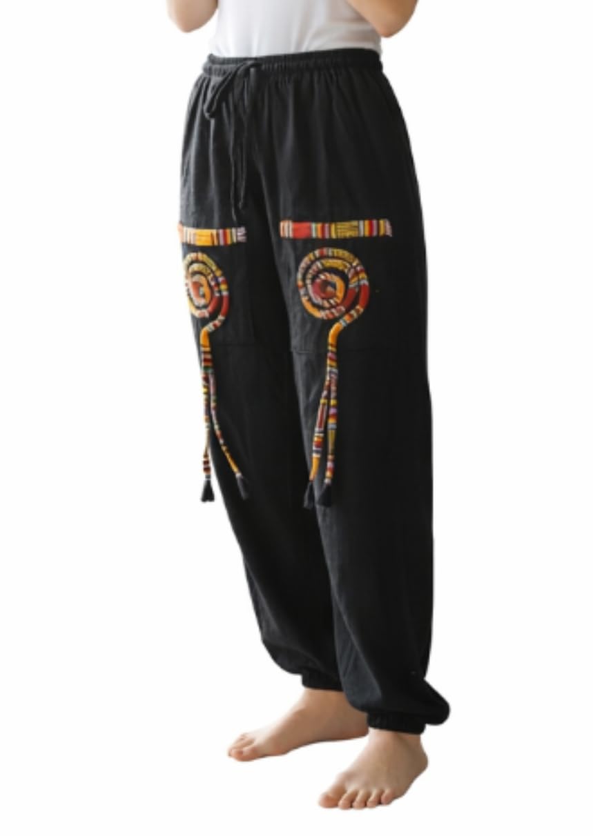 Black Pahadi Khadi Harem Pants with Colorful Embroidered Design, Drawstring Waist, Traditional Style-image-25