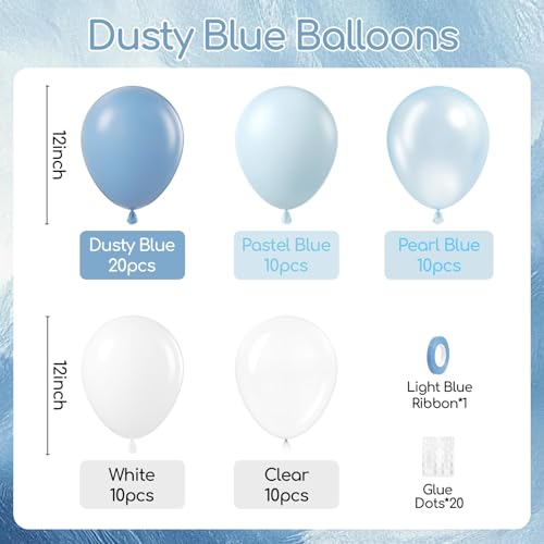 Image of 60pcs Dusty Blue Balloons 12inch with Clear Pastel Pearl Blue and White Balloons for Wedding Bridal Baby Shower Shower Birthday Party Decorations