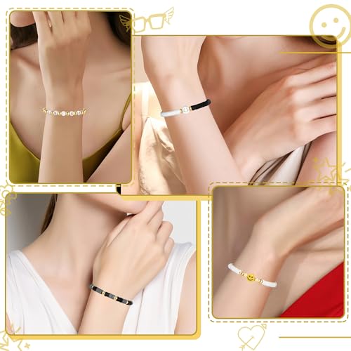 Image of Preppy Bracelets Set Colorful White Gold Smile Heart Star Polymer Beaded Pearl Clay Stackable Charm Y2K Kidcore Aesthetic Summer Beach Bohemian Stretch Layering Bracelets Jewelry for Girls Women Teens
