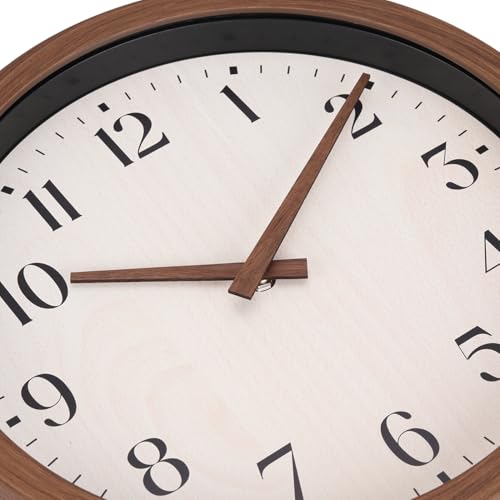 Image of Topkey 12 Inch Silent Wall Clock with Wooden Hour and Minute Hands - Round Wood-Like Frame & White Dial for Home Office Kitchen Decor - Wooden Brown