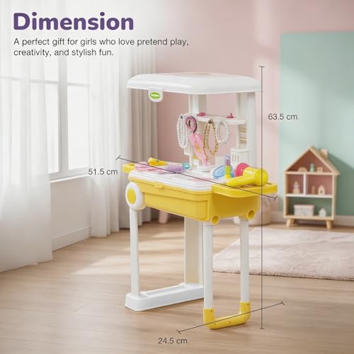 Image of Baybee Beauty Set Toys for Girls | Kids Makeup Set with Trolley Suitcase, Pretend Role Play Toys with Make up Table, Hair Accessories & Styling Tools, Portable Toy Set for Girls 3+ Years (Yellow)