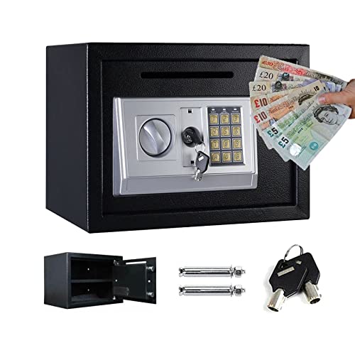Secure Box with Deposit Slot Electronic Security Safe 16L Digital Keypad Included 2 Keys Home Mini Safe Box, Wall And Floor Fixings, for Donation Box, Collection Box, Hotel Safes 14x 10x 10, Black
