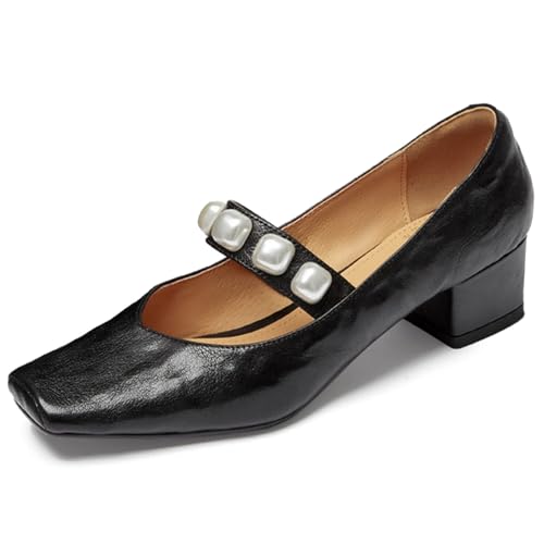 XIEDA Women's Genuine Leather Low Chunky Heel Pumps with Pearl Square Toe Dress Shoes