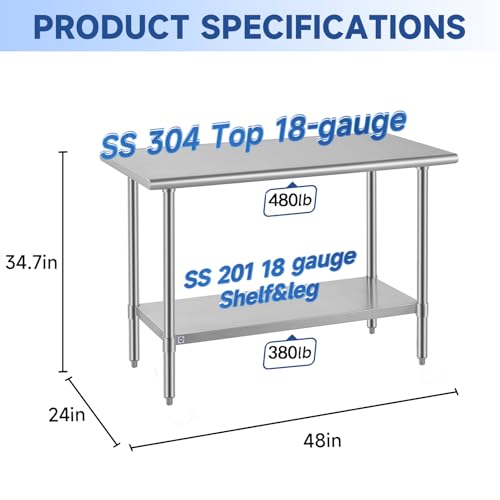 Image of ROCKPOINT SS304 Top All Stainless Steel Table for Prep & Work 24x48 Inches, NSF Commercial Kitchen Heavy Duty Table with Adjustable Undershelf for Restaurant,Kitchen, Home and Hotel