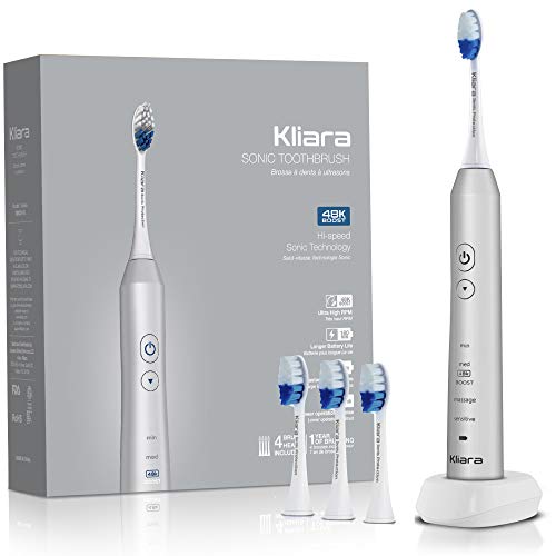 Kliara Designer Electric Sonic Toothbrush for Adults | Rechargable & Waterproof | Fastest Motor in the World 48.000 BPM | 40 Days Battery | 4 Replacement Heads for 1 Year of Brushing Included | SILVER
