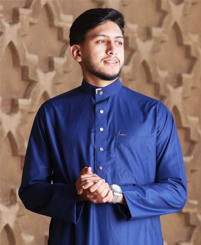 Thobe bata islámica para hombre ropa musulmana jubba emirati azul marino 3