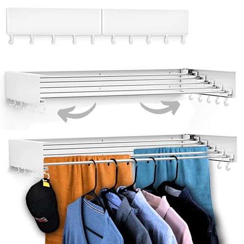 Zetez Wall Mounted Laundry Drying Rack, Retractable & Foldable, 31.5" Wide, 13.2 Linear Ft, 5 Heavy-Duty Aluminum Rods, 60 lb Capacity, Space-Saving Design, Easy Installation, Indoor/Outdoor - White