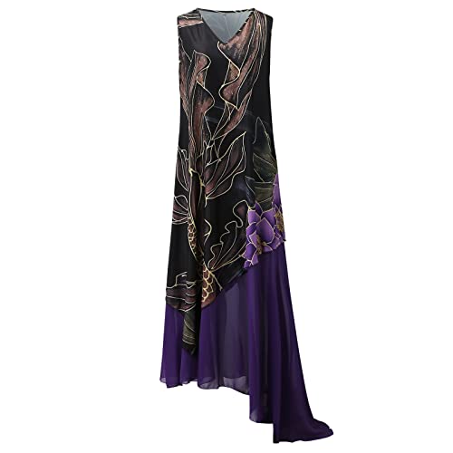 Plus Size Baggy Dress Women Vintage Folk Style V Neck Splicing Floral Printed Sleeveless Caftan Irregular Long Maxi Dress #TOP2