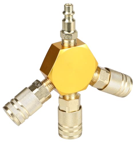 YOTOO 3-Way Air Manifold, Air Hose Splitter with 3 Steel Industrial Quick Connect Couplers and 1/4" NPT Male Industrial Air Plug for connecting air compressor, air hoses and air tools, Gold