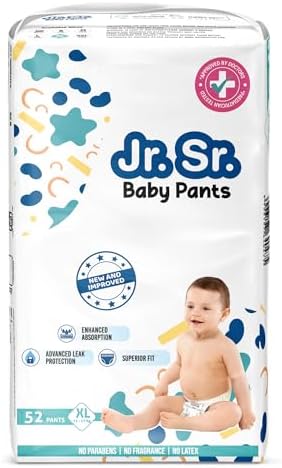 Jr. Sr. Baby Diaper Pants | Extra Large (XL) Size (12-17 kg), 52 Count | Pack of 1 | Upto 12 hr Absorption with Advanced Leak Protection | Safe For Babies Skin | Soft, Secure & Comfy
