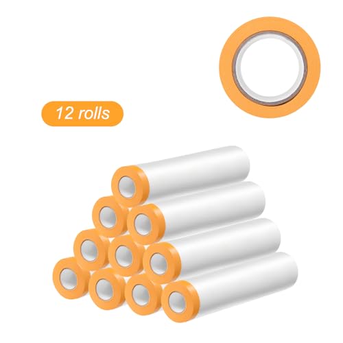 Image of HARFINGTON 12 Rolls Pre-Taped Masking Film 70.9 inch x65.6ft Tape and Drape Painters Plastic Drop Cloth Film with Tape Plastic Sheeting for Automotive Painting Covering