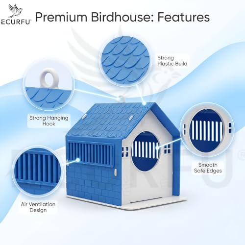 Image of Ecurfu Sparrow House for Balcony & Garden | Hanging Bird Nest with Feeding Tray | Bird House for Sparrows & Small Birds