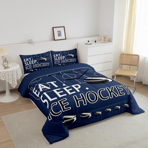 Image of Feelyou Ice Hockey Comforter Set Navy Blue Bedding King for Kids Teens