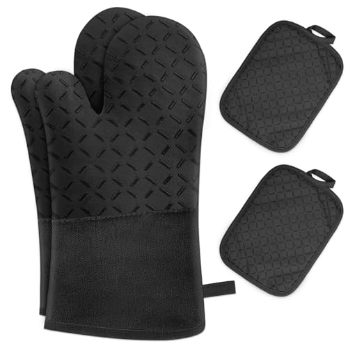 MILcea Ofenhandschuhe Topflappen Topfhandschuhe 4er Set - Ofenhandschuhe Hitzebestaendig bis 300°C, Rutschschutz, Verlängern, Weich, Backhandschuhe Kochhandschuhe Oven Gloves, Schwarz