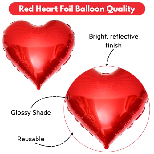 Image of Pack of 5 Heart Balloons for Happy Birthday Decoration Red Kit Baby Boys Girls Kids Men Women Car Boot Living Room Heart Shaped Foil Balloon Set Items